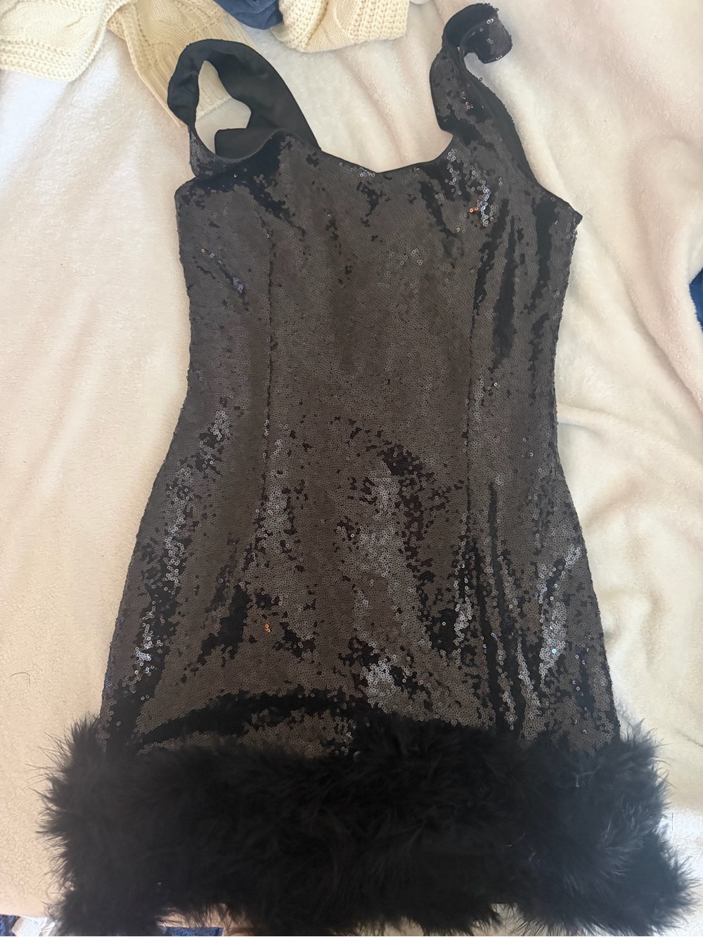 Black Sequin Mini Dress with Feather Hem